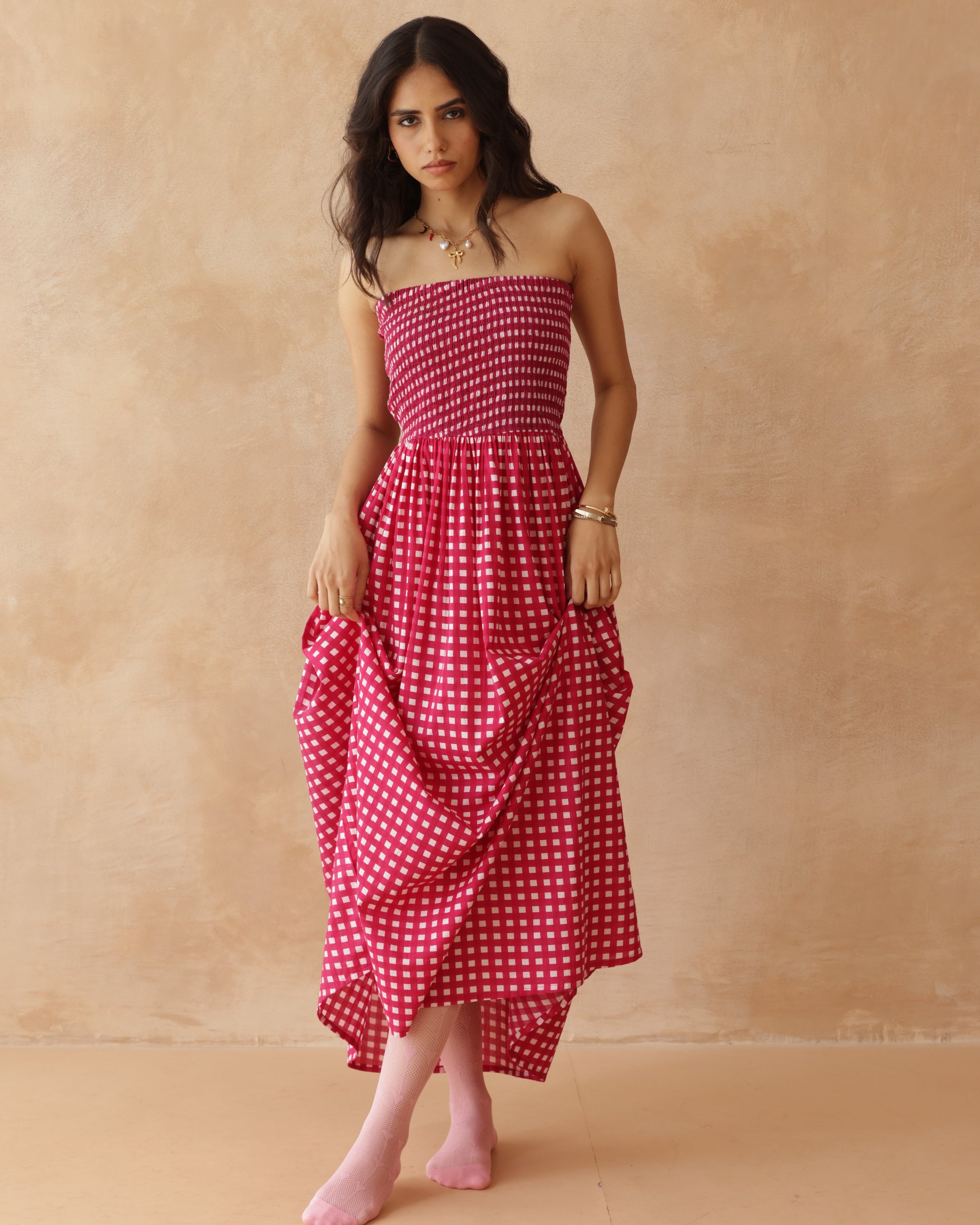 Pink Checkered Women’s Casual Dress