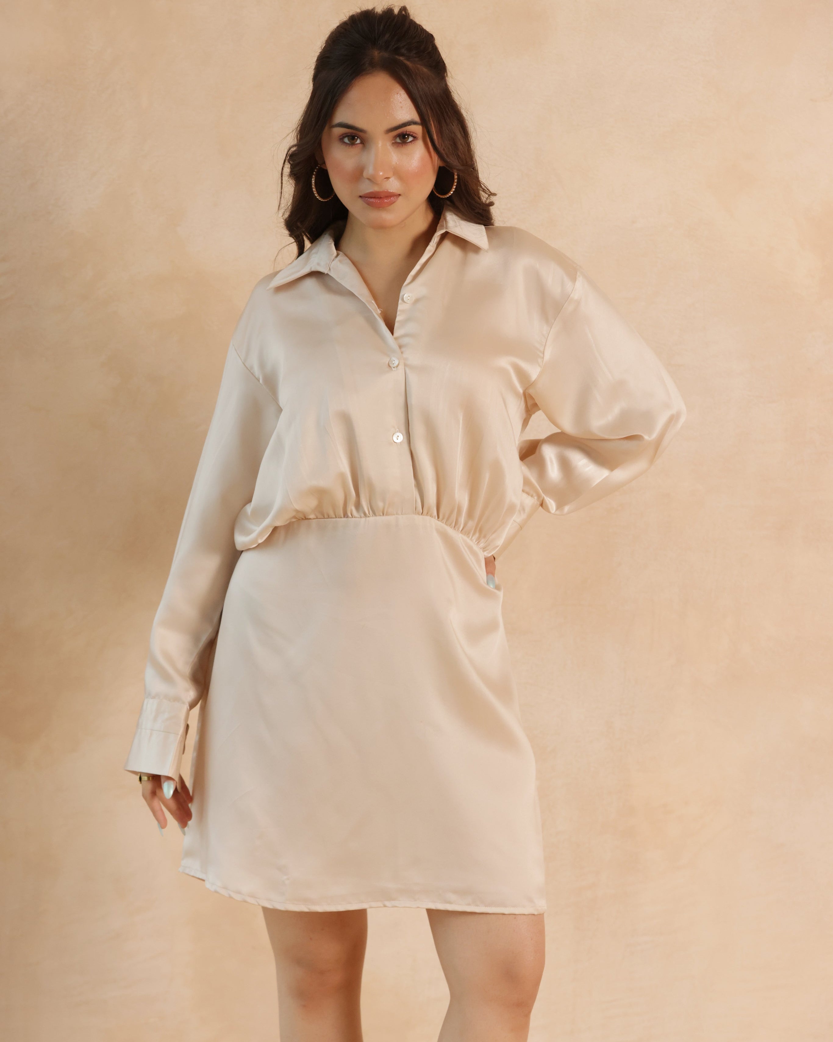 Women’s Beige Satin Midi Dress – Elegant Party Wear