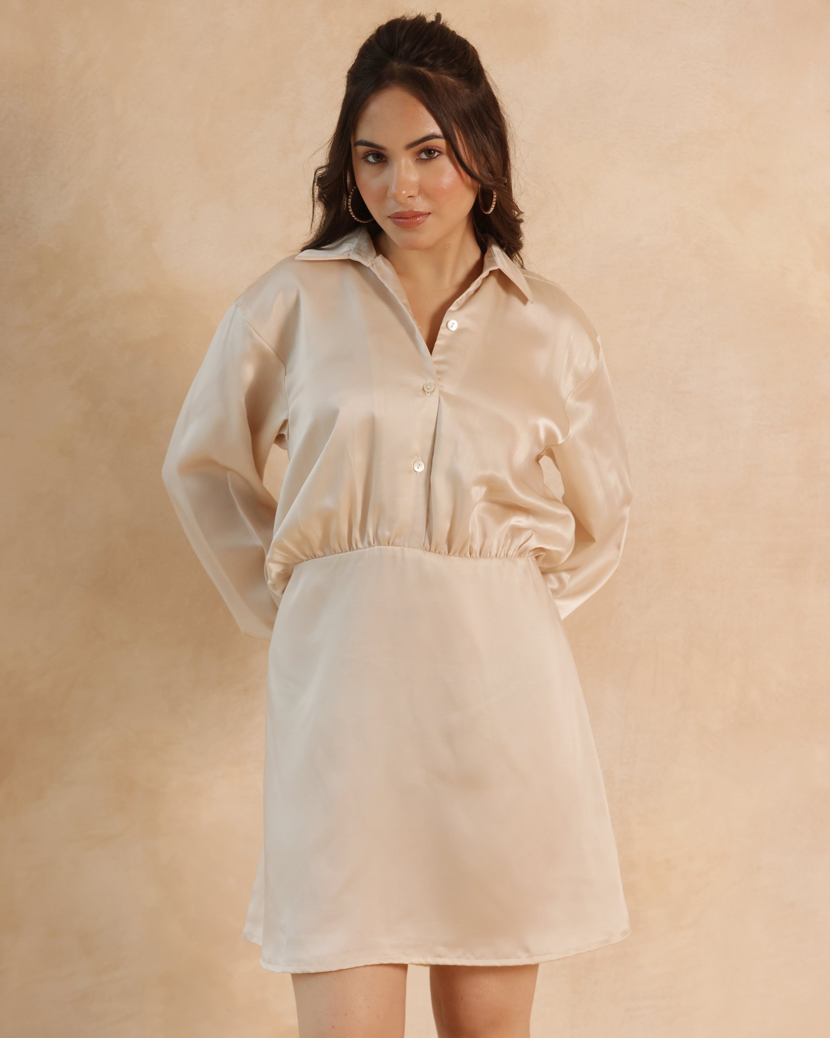 Women’s Beige Satin Midi Dress – Elegant Party Wear