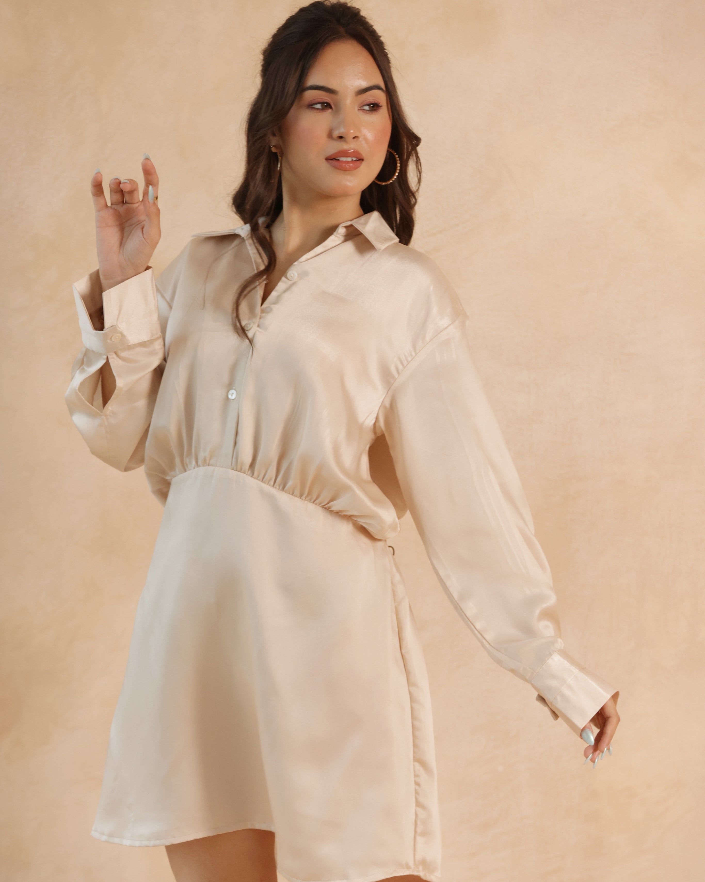 Women’s Beige Satin Midi Dress – Elegant Party Wear